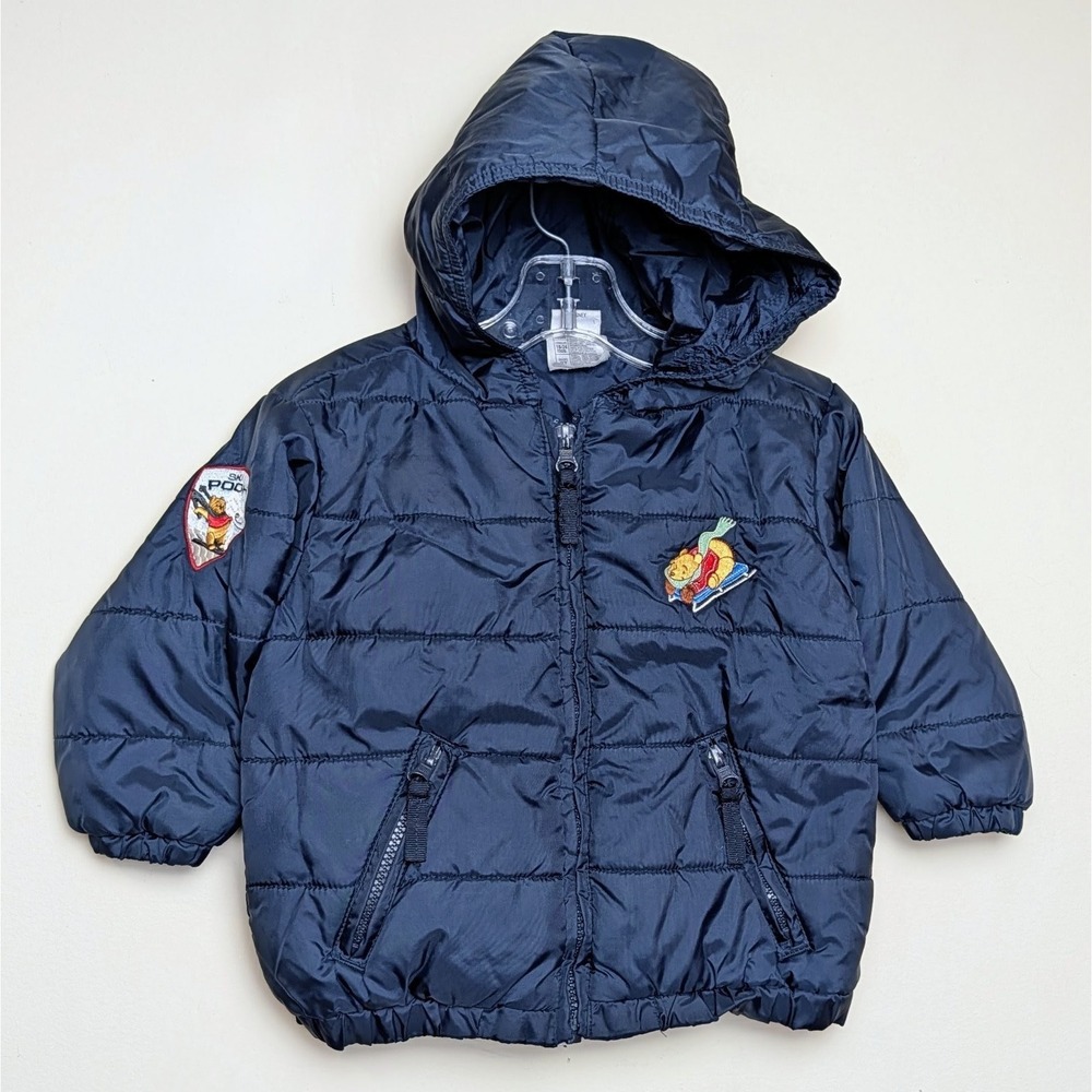 Vintage Ski Pooh Disney Store Winnie the Pooh Puffer Jacket Hood Navy Size 2T